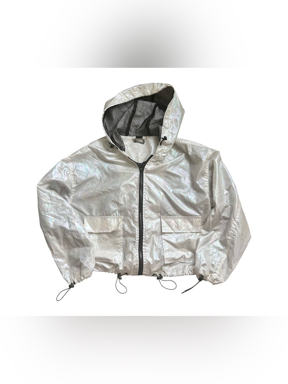 JouJou Y2K Iridescent White Hooded Windbreaker  with Bungee waist and sleeves S
